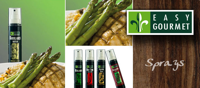Easy Gourmet - Gourmet Sprays Verfeinern Sie ganz einfach mit wenigen Sritzern Ihre Salate oder Speisen.
Perfekt dosiert f�r jeden Geschmack! | www.gourmet-versand.com