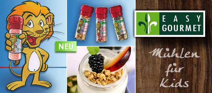 Easy Gourmet - Kids M�hlen L�wenstarke Zutaten, ohne k�nstliche Zus�tze. Jede M�hle enth�lt leckere Joghurtst�ckchen sowie Cerealien, Fr�chte und Schokolade. | www.gourmet-versand.com