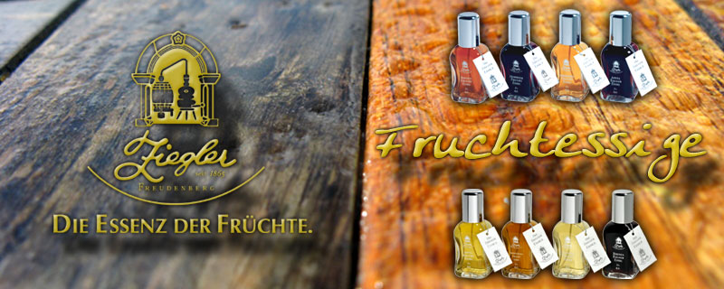 Fruchtessige von Ziegler im Zerst�uber Die neue Essenz der Fr�chte - Fruchtessige aus dem Hause Ziegler, der bekannten Edelobstbrennerei. F�r die aromatischen Fruchtessige wird, wie f�r die Obstbr�nde, ausgew�hltes Qualit�tsobst verarbeitet. | www.gourmet-versand.com
