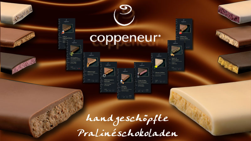 Coppeneur gefüllte handgeschöpfte Praline-Tafel-Schokoladen Handgeschöpfte Schokoladentafeln in fantastischen Geschmacksrichtungen vom prämierten Hersteller Coppeneur. | www.gourmet-versand.com Coppeneur gefüllte handgeschöpfte Praline-Tafel-Schokoladen Handgeschöpfte Schokoladentafeln in fantastischen Geschmacksrichtungen vom prämierten Hersteller Coppeneur. | www.gourmet-versand.com