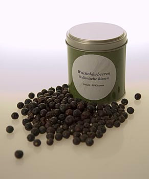 Wacholderbeeren, gro�, ganz, aus Italien, Altes Gew�rzamt, Ingo Holland - 80 g - Dose - www.gourmet-versand.com