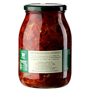Peperoncini, Kirschpaprika geschnitten, mit Sardellen Oliven�l, Il Mongetto - 1 kg - Glas - www.gourmet-versand.com