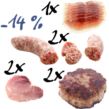Duroc PROBIERPAKET 14 % Preisvorteil (2x Frikadelle, 2x Bratwurst, 2x Minutensteak, 1x Schinken, Schmalz kostenlos) - gesamt ca. 1,190 kg - Folie - www.gourmet-versand.com