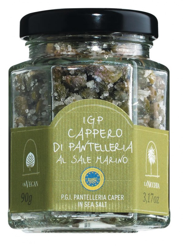 Capperi di Pantelleria IGP al sale marino, Kapern aus Pantelleria ggA in Meersalz, 4 / 7 mm, La Nicchia - 90 g - Glas