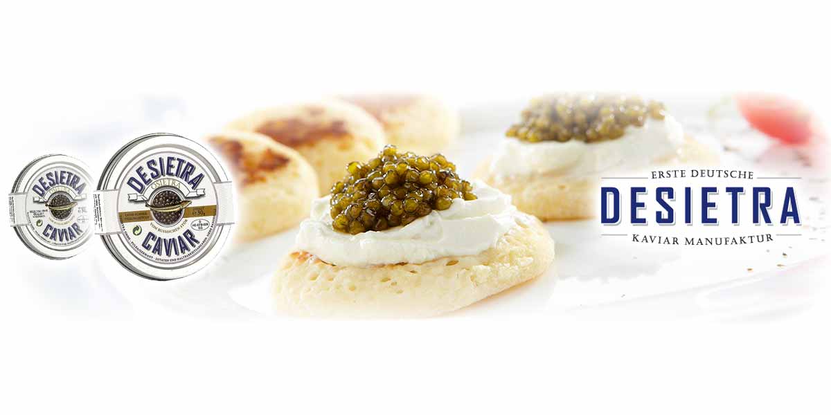 DESIETRA Stör Kaviar Seit 2002 ist Desietra die erste deutsche Kaviar-Manufaktur mit einer Kaviar-Produktion von circa 11t im Jahr. Zahlreiche Zertifikate bestätigen die Qualität der Desietra Produkte.