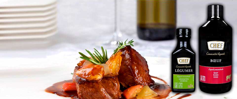 CHEF Fund and Demi Glace High-quality fund made from 100% natural ingredients, powerful jus and first class sauces in innovative formats. Authentic basic products, designed to meet the highest demands. So that you can concentrate on the essentials: the taste.
