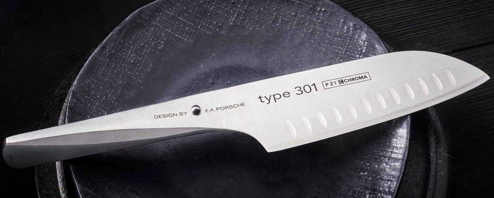 CHROMA type 301 Messer - Design by F.A. Porsche - Kochmesser Mit diesen innovativen Messern Type 301, entworfen von der Design- Schmiede F.A. Porsche, wird ein neues Kapitel in der Entwicklung von Küchenmessern aufgeschlagen. CHROMA type 301 Messer - Design by F.A. Porsche - Kochmesser Mit diesen innovativen Messern Type 301, entworfen von der Design- Schmiede F.A. Porsche, wird ein neues Kapitel in der Entwicklung von Küchenmessern aufgeschlagen.