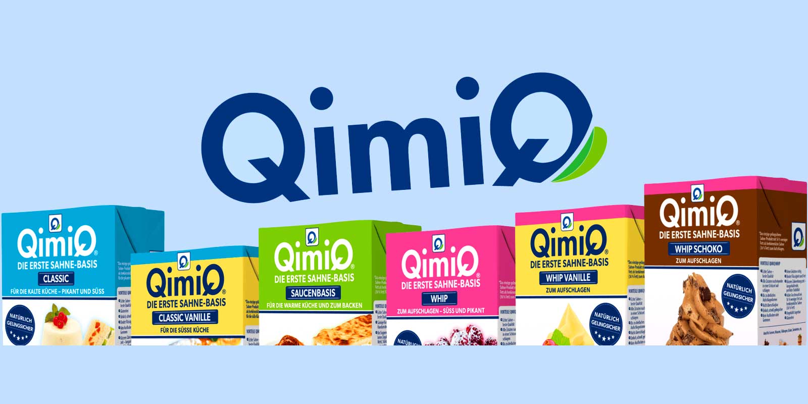 QimiQ produkter QimiQ er den foerste lette cremebase med kun 15 % fedt. Den har en neutral smag og er derfor velegnet til soede og salte foedevarer samt til varme og kolde retter. QimiQ er et 100% naturligt produkt.