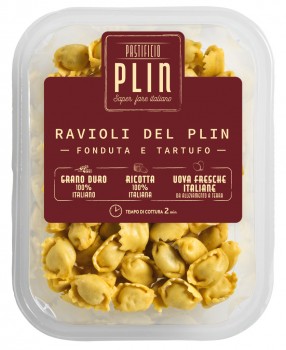 Ravioli del Plin fonduta e tartufo, Ravioli, gefüllt mit Fontina und Trüffel, Pastificio Plin - 250 g - Packung Ravioli del Plin fonduta e tartufo, Ravioli, gefüllt mit Fontina und Trüffel, Pastificio Plin - 250 g - Packung