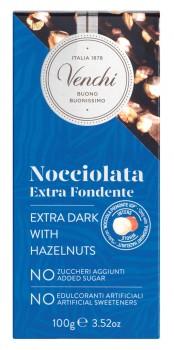 Dark Chocolate Hazelnut Bar, no added sugar, Zartbitter-Haselnuss-Schokolade, ohne Zuckerzusatz, Venchi - 100 g - Stück Dark Chocolate Hazelnut Bar, no added sugar, Zartbitter-Haselnuss-Schokolade, ohne Zuckerzusatz, Venchi - 100 g - Stück