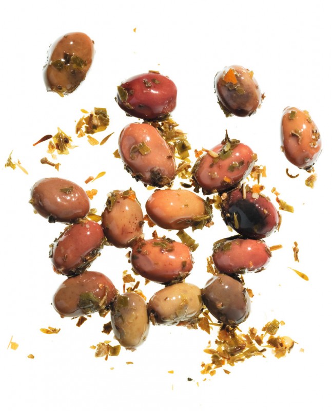 Olive nere aromatizzate, Gewürzte schwarze Oliven mit Stein, La Gallinara - 1.000 g - Packung