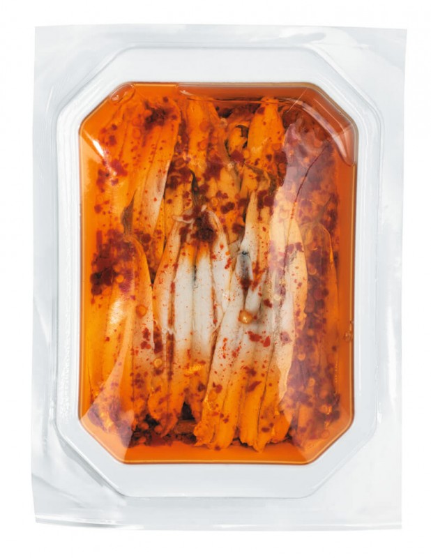 Alici marinate con peperoncino, Marinierte Sardellenfilets mit Chili, Borrelli - 200 g - Packung