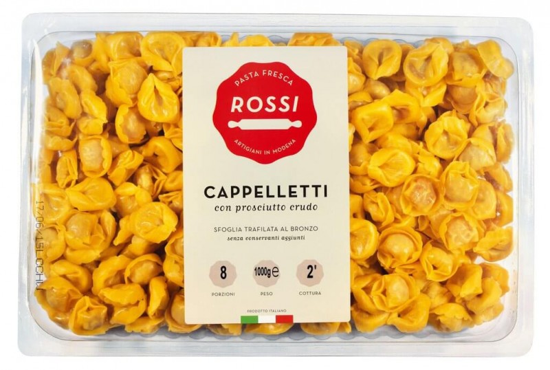 Cappelletti al prosciutto crudo, Frische Eiernudeln mit Schinken, Pasta Fresca Rossi - 1.000 g - Packung Cappelletti al prosciutto crudo, Frische Eiernudeln mit Schinken, Pasta Fresca Rossi - 1.000 g - Packung