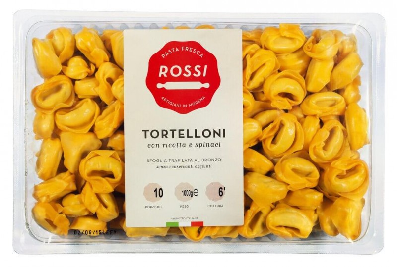 Tortelloni con ricotta e spinaci, nouilles aux oeufs fraîches à la ricotta et aux épinards, pâtes Fresca Rossi - 1000 g - pack