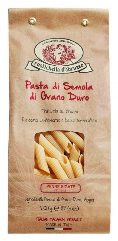 Penne rigat, hård hvede semulje pasta, Rustichella - 500 g - pakke