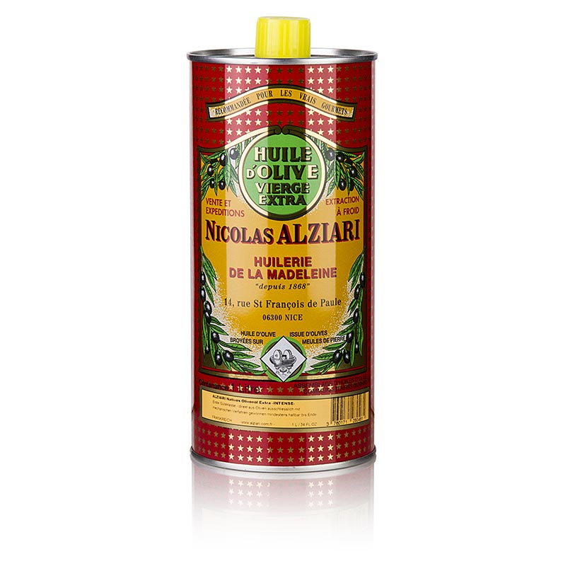 Olivenöl Extra Vierge, Fruite Intense, Alziari, rot-gelbe Dose - 1 l - Dose Olivenöl Extra Vierge, Fruite Intense, Alziari, rot-gelbe Dose - 1 l - Dose