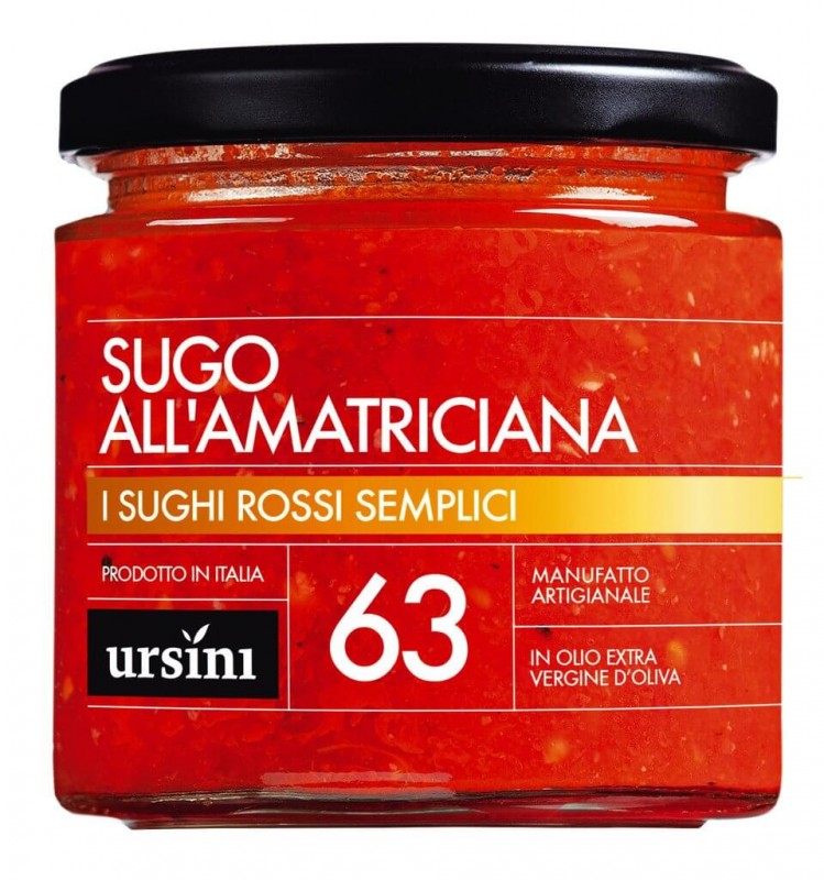 Tomatensauce mit Guanciale, Sugo allAmatriciana, Ursini - 212 ml - Glas Tomatensauce mit Guanciale, Sugo allAmatriciana, Ursini - 212 ml - Glas