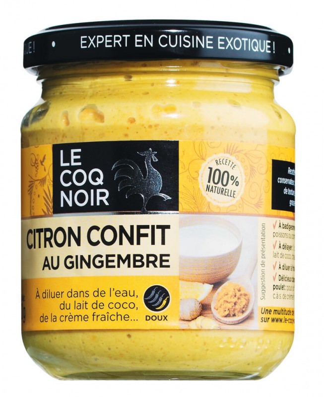 Citron confit, Zitronen-Ingwer-Gewürzpaste, Kreolische Zitronen-Ingwer-Gewürzpaste, Le Coq noir - 210 g - Glas Citron confit, Zitronen-Ingwer-Gewürzpaste, Kreolische Zitronen-Ingwer-Gewürzpaste, Le Coq noir - 210 g - Glas