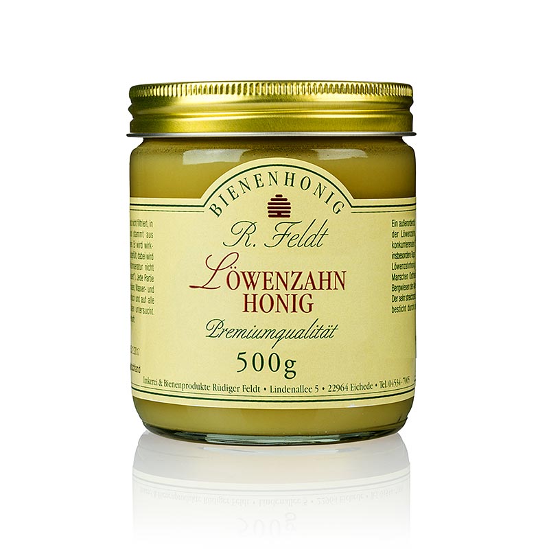 Miel de pissenlit, Allemagne, jaune fonce, cremeux, doux et epice, aromatique Apiculture Feldt - 500g - Verre