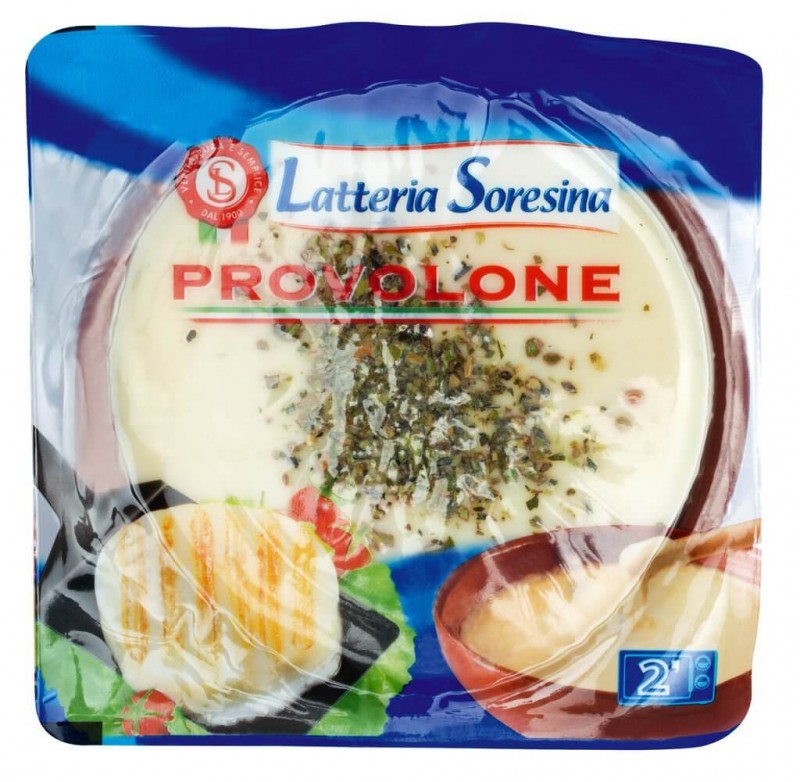 Käse mit Oregano, Terracottaschale, Fett i.Tr.45%, Provolone alle erbe, fetta in terrina, Latteria Soresina - 200 g - Stück Käse mit Oregano, Terracottaschale, Fett i.Tr.45%, Provolone alle erbe, fetta in terrina, Latteria Soresina - 200 g - Stück