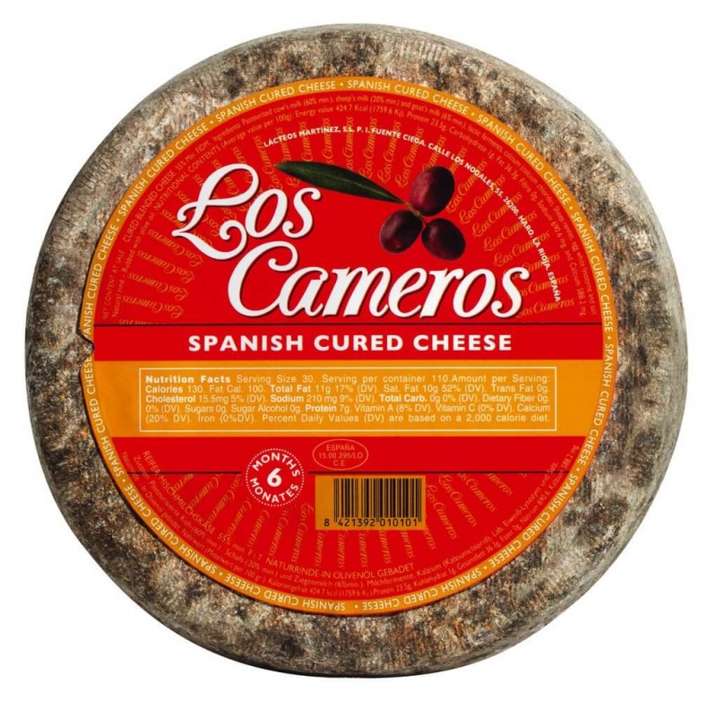 Queso de Mezcla Curado, ældet blandet mælkeost, fedt i.Tr. 55%, Los Cameros - ca. 3,3 kg - Folie / Papir Queso de Mezcla Curado, ældet blandet mælkeost, fedt i.Tr. 55%, Los Cameros - ca. 3,3 kg - Folie / Papir