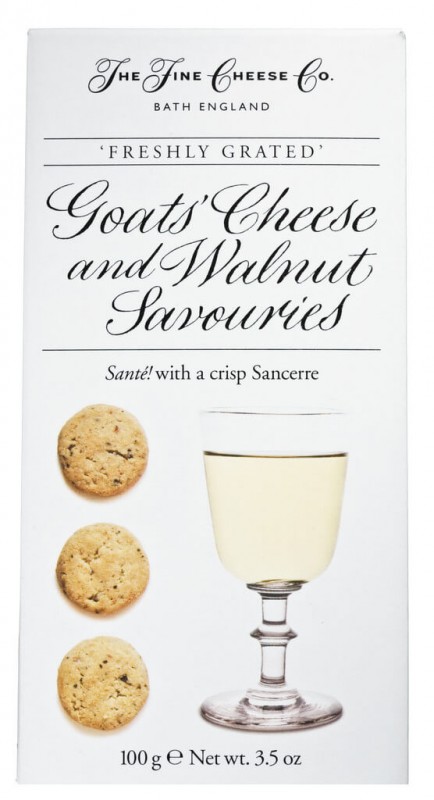 Cheese sables Goat`s Cheese & Walnut, Sandgebäck mit Käse und Walnüssen, Fine Cheese Company - 100 g - Packung Cheese sables Goat`s Cheese & Walnut, Sandgebäck mit Käse und Walnüssen, Fine Cheese Company - 100 g - Packung