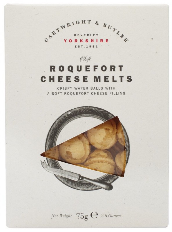 Roquefort Cheese Melts, Gebäck mit Roquefortkäsefüllung, Cartwright & Butler - 75 g - Packung Roquefort Cheese Melts, Gebäck mit Roquefortkäsefüllung, Cartwright & Butler - 75 g - Packung