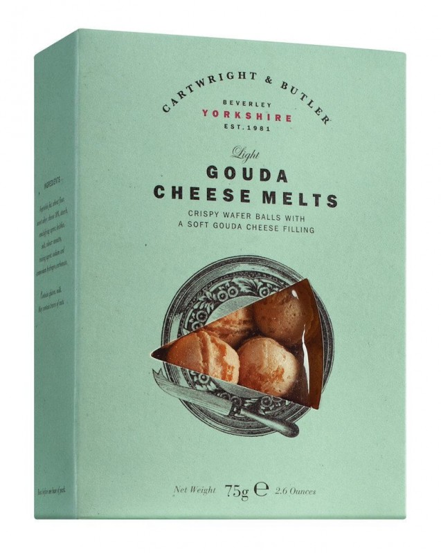 Gouda Cheese Melts, Gebäck mit Goudakäsefüllung, Cartwright & Butler - 75 g - Packung