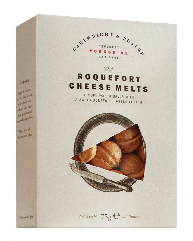 Roquefort Cheese Melts, Gebäck mit Roquefortkäsefüllung, Cartwright & Butler - 75 g - Packung