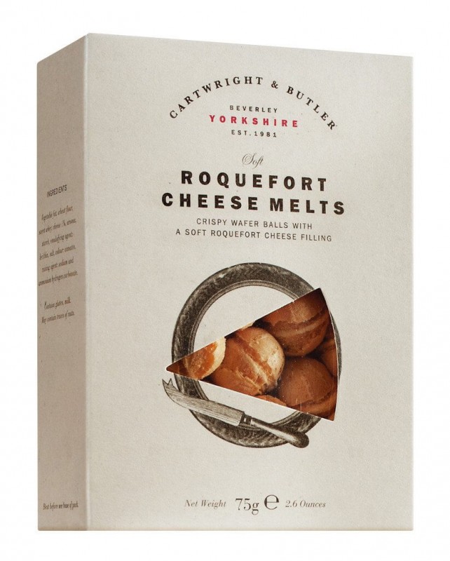 Roquefort Cheese Melts, Gebäck mit Roquefortkäsefüllung, Cartwright & Butler - 75 g - Packung Roquefort Cheese Melts, Gebäck mit Roquefortkäsefüllung, Cartwright & Butler - 75 g - Packung