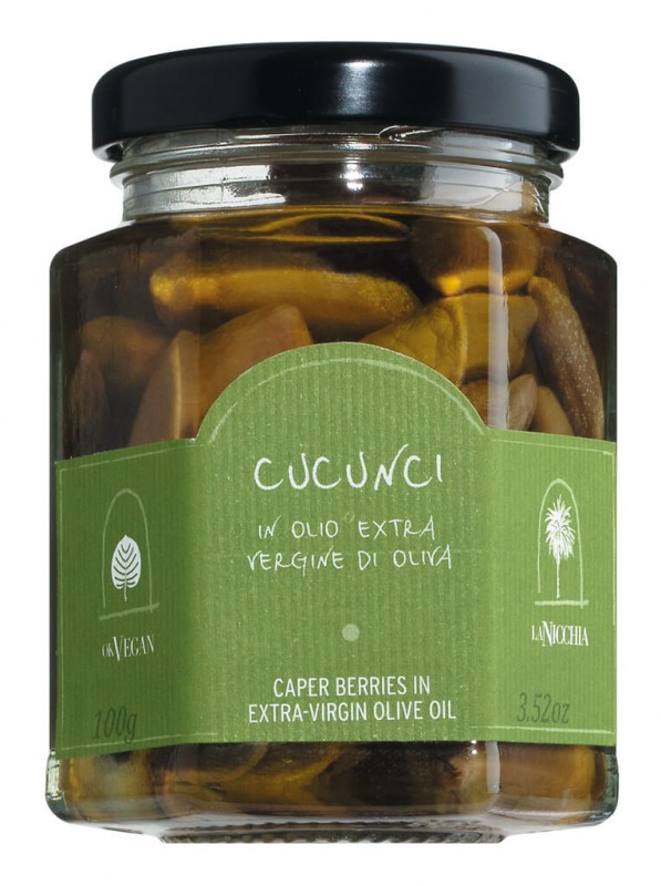 Cucunci in extra vierge olijfolie, kappertjes in extra vierge olijfolie, La Nicchia - 100 g - Glas