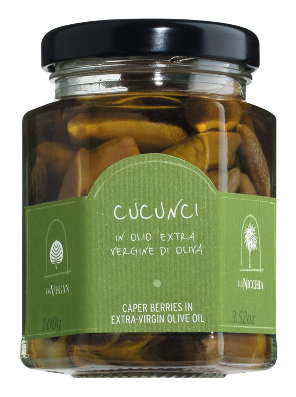 Cucunci à l`huile d`olive extra vierge, pommes de câpres à l`huile d`olive extra vierge, La Nicchia - 100 g - Verre