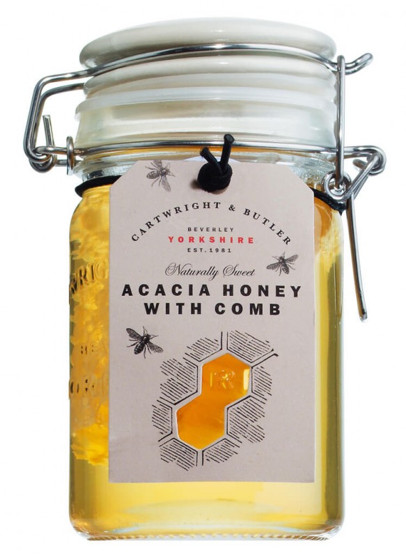 Miel d`acacia avec peigne, miel d`acacia avec nid d`abeille à la cire d`abeille, charron et majordome - 300 g - verre
