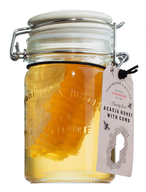 Miel d`acacia avec peigne, miel d`acacia avec nid d`abeille à la cire d`abeille, charron et majordome - 300 g - verre