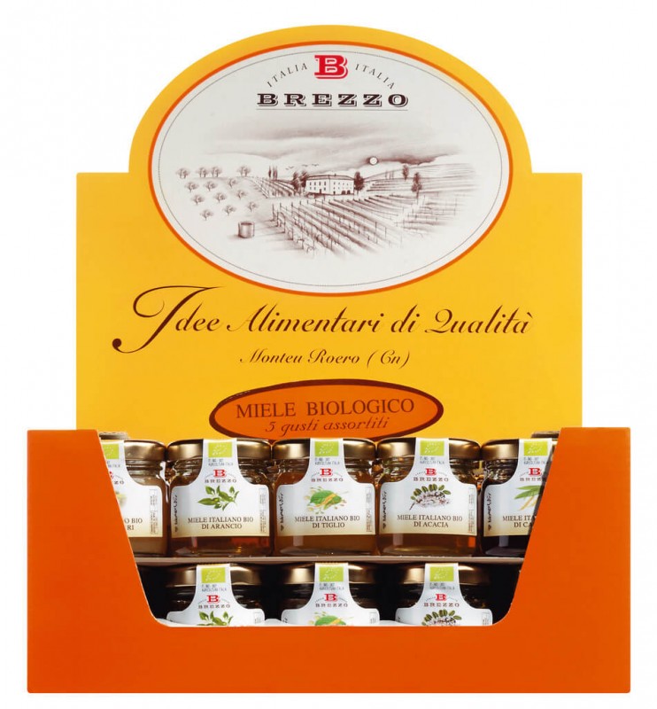 Miele biologico assortito, vasi mini, mini verres à miel 5 assortis, bio, Apicoltura Brezzo - 60 x 35 g - afficher