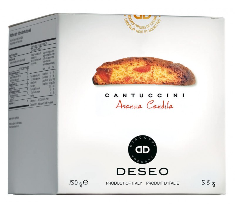 Cantuccini con scorza di arancia candita, Cantuccini mit kandierten Orangenschalen, Deseo - 200 g - Packung Cantuccini con scorza di arancia candita, Cantuccini mit kandierten Orangenschalen, Deseo - 200 g - Packung