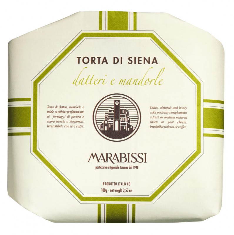 Torta datteri e mandorle, Panforte met dadels en amandelen, Pasticceria Marabissi - 100 g - stuk