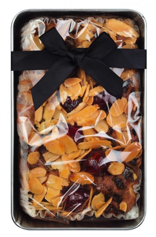 Fruit cake with cherries and almonds, baking pan, Cherry and Almond Loaf Cake in loaf tin, Cartwright and Butler - 520 g - piece