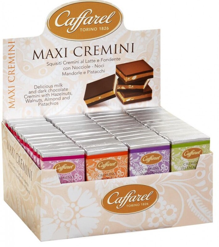 Minitafeln mit Creme, 4-fach sortiert, Display, Maxi cremini, cioccolato cremoso, 4 gusti, Caffarel - 96 x 23 g - Display Minitafeln mit Creme, 4-fach sortiert, Display, Maxi cremini, cioccolato cremoso, 4 gusti, Caffarel - 96 x 23 g - Display