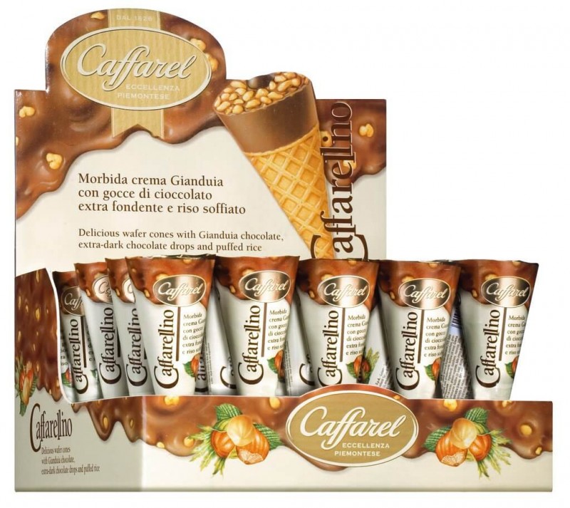 Caffarellino con crema gianduia, ice cream cone filled with gianduia cream, display, caffarel - 24 x 25g - display Caffarellino con crema gianduia, ice cream cone filled with gianduia cream, display, caffarel - 24 x 25g - display