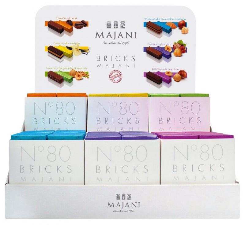 6 Sorten Pralinensticks, Displays sortiert, Bricks N° 80, espositori assortiti, Majani - 6 x 800 g - Karton 6 Sorten Pralinensticks, Displays sortiert, Bricks N° 80, espositori assortiti, Majani - 6 x 800 g - Karton