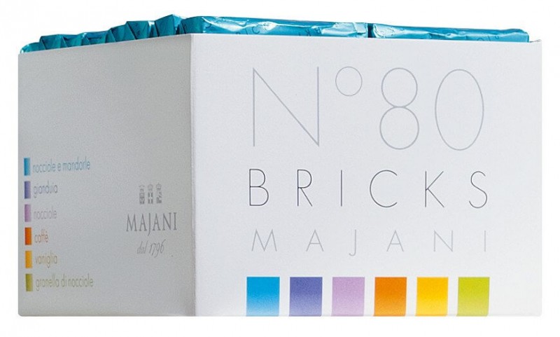 6 Sorten Pralinensticks, Displays sortiert, Bricks N° 80, espositori assortiti, Majani - 6 x 800 g - Karton 6 Sorten Pralinensticks, Displays sortiert, Bricks N° 80, espositori assortiti, Majani - 6 x 800 g - Karton