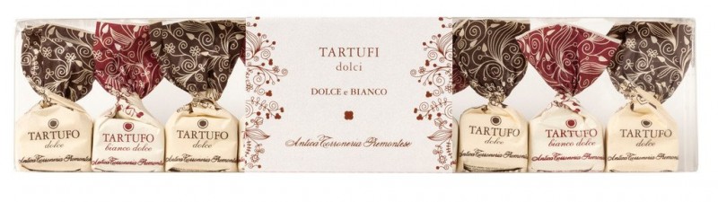 Tartufi dolci bianchi e neri, astuccio, chokolade-trøfler hvid + sort, 9-pak., Antica Torroneria Piemontese - 125 g - pakke
