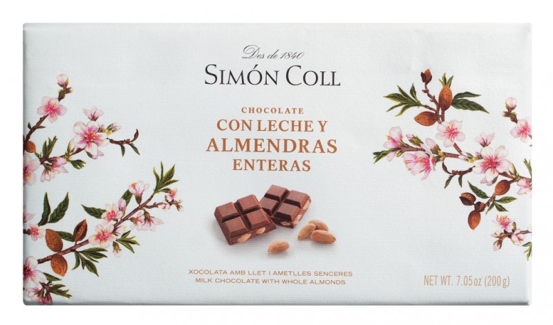 Chokolade con leche y alemendras enteras, helmælkechokolade med hele mandler, Simon Coll - 200 g - stykke