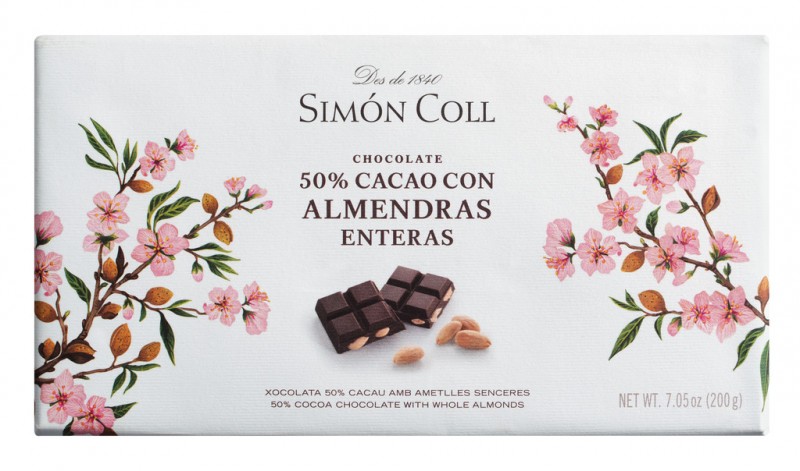Chocolate 50 % con almendras enteras, Zartbitterschokolade mit ganzen Mandeln 50%, Simon Coll - 200 g - Stück