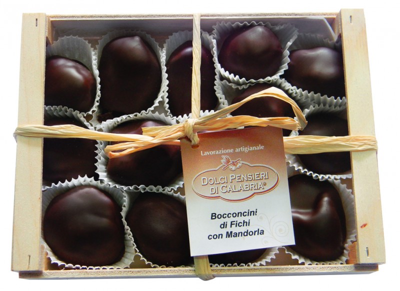 Feigen mit Mandeln u.Zartbitter-Schokoladenüberzug, Bocconcini fondenti di fichi con mandorle, Dolci Pensieri - 250 g - Packung Feigen mit Mandeln u.Zartbitter-Schokoladenüberzug, Bocconcini fondenti di fichi con mandorle, Dolci Pensieri - 250 g - Packung