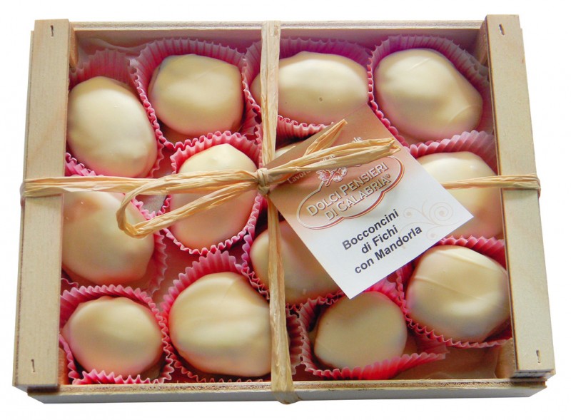 Figs with almonds and white chocolate coating, Bocconcini bianchi di fichi con mandorle, Dolci Pensieri - 250 g - pack