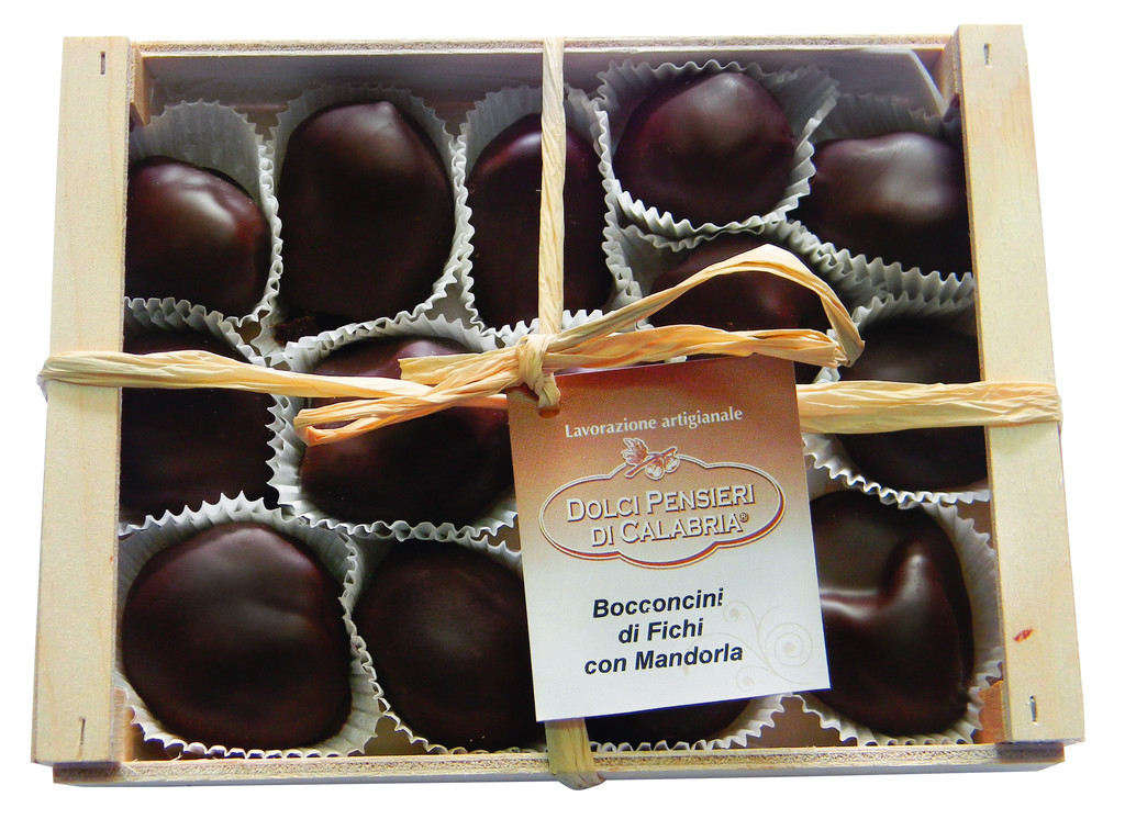 Figs with almonds and dark chocolate coating, Bocconcini fondenti di fichi con mandorle, Dolci Pensieri - 250 g - pack