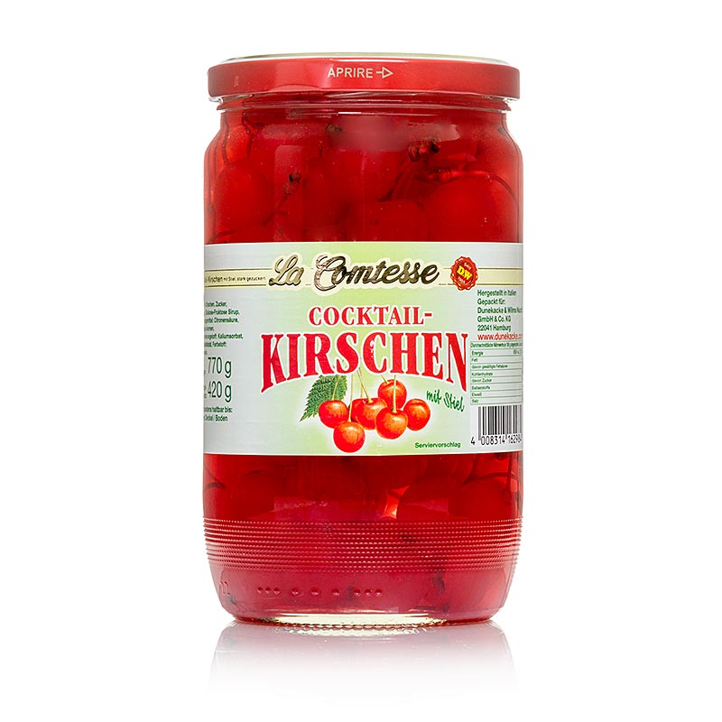 Cocktail-Kirschen, rot, mit Stiel - 770 g - Glas