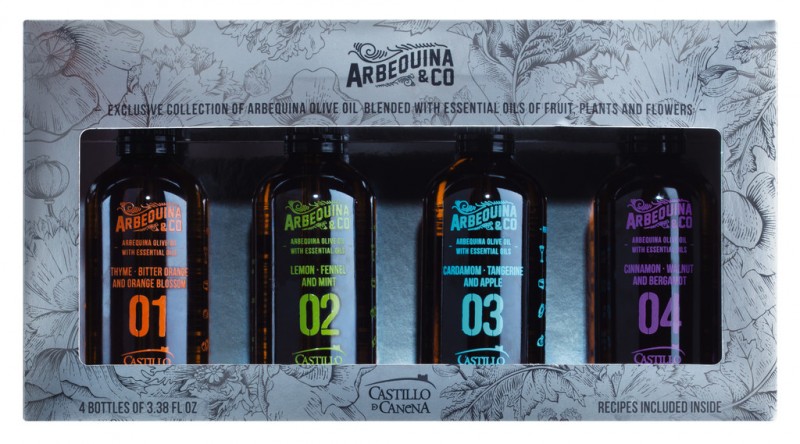 Set Olivenöl aromatisiert, Arbequina & Co. Set aromatisierte Öle, Castillo de Canena - 4 x 100 ml - Set Set Olivenöl aromatisiert, Arbequina & Co. Set aromatisierte Öle, Castillo de Canena - 4 x 100 ml - Set